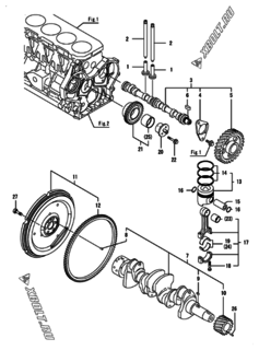  Двигатель Yanmar 4GPG88-HU, узел -  Распредвал, коленвал и поршень 