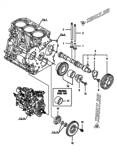  Двигатель Yanmar 3TNV88F-UGGE, узел -  Распредвал и приводная шестерня 