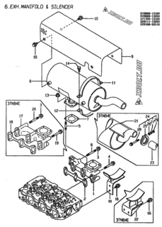  Двигатель Yanmar 3TN84E-S, узел -  Выпускной коллектор и глушитель 