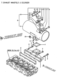  Двигатель Yanmar 4TNE84-G2A, узел -  Выпускной коллектор и глушитель 