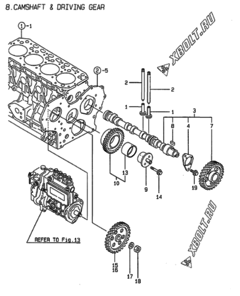  Двигатель Yanmar 4TNE84-G1A, узел -  Распредвал и приводная шестерня 