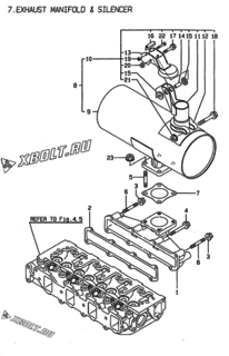  Двигатель Yanmar 4TNE88-SA, узел -  Выпускной коллектор и глушитель 