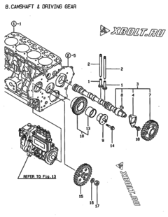  Двигатель Yanmar 4TNE88-G1A, узел -  Распредвал и приводная шестерня 