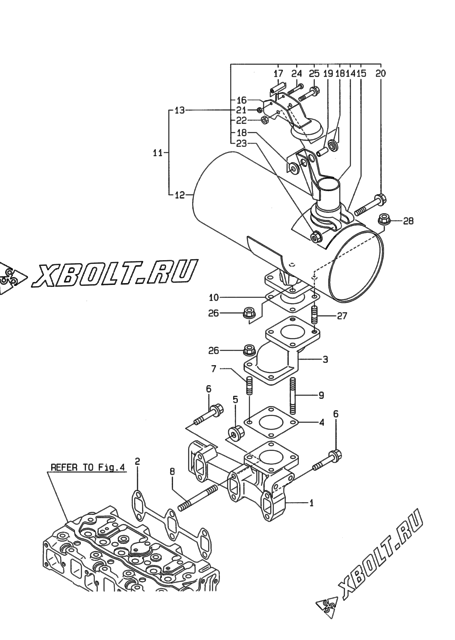  Выпускной коллектор и глушитель двигателя Yanmar 3TNE74C-SA