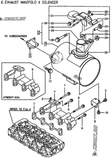  Двигатель Yanmar 4TNE84T-G1A, узел -  Выпускной коллектор и глушитель 