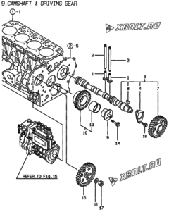  Двигатель Yanmar 4TNE84T-G1A, узел -  Распредвал и приводная шестерня 