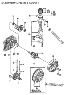  Двигатель Yanmar L100AED(EGTM, узел -  Коленвал, поршень и распредвал 