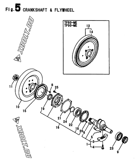  Коленвал и маховик двигателя Yanmar TF80-M(E,H,L