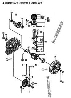  Двигатель Yanmar L40AE-DB, узел -  Коленвал, поршень и распредвал 