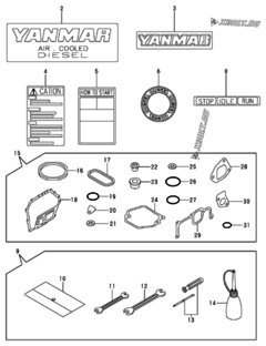  Двигатель Yanmar L100AE-DVYC, узел -  Инструменты, шильды и комплект прокладок 