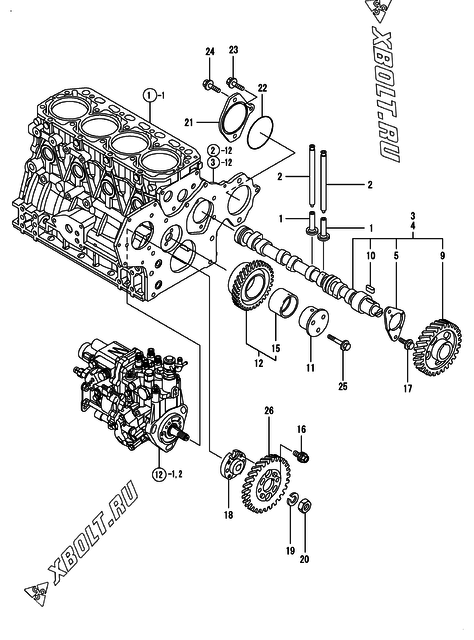  Распредвал и приводная шестерня двигателя Yanmar 4TNV88-DSA2