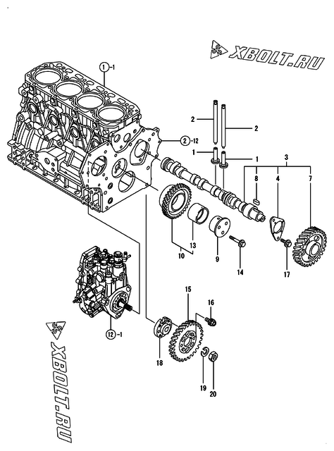  Распредвал и приводная шестерня двигателя Yanmar 4TNV88-XWL