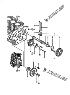  Двигатель Yanmar 3TNV88-NBK, узел -  Распредвал и приводная шестерня 