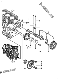  Двигатель Yanmar 3TNV84T-GYM, узел -  Распредвал и приводная шестерня 