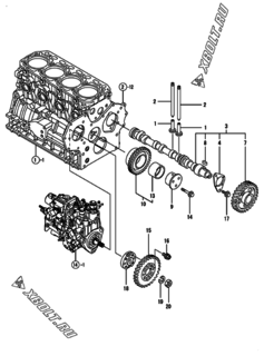 Двигатель Yanmar 4TNV84T-GYM, узел -  Распредвал и приводная шестерня 