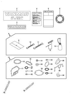  Двигатель Yanmar L100AE-DIMYC, узел -  Инструменты, шильды и комплект прокладок 