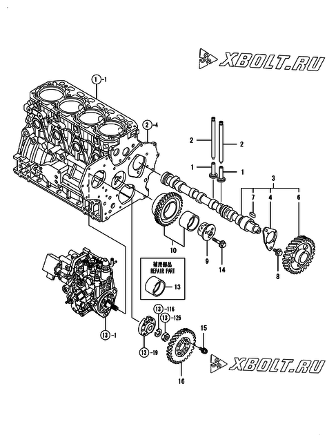  Распредвал и приводная шестерня двигателя Yanmar 4TNV84T-ZKWLC