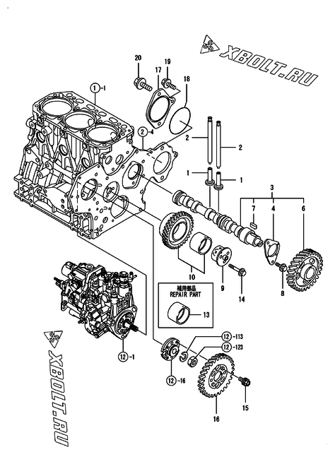  Распредвал и приводная шестерня двигателя Yanmar 3TNV88-BDSA02