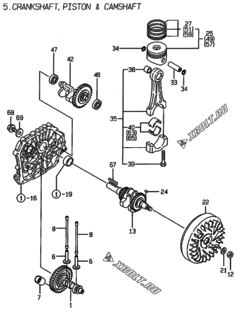  Двигатель Yanmar L100AE-D, узел -  Коленвал, поршень и распредвал 