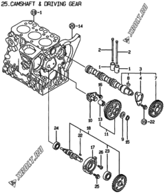  Двигатель Yanmar 3TNE74-GB2, узел -  Распредвал и приводная шестерня 