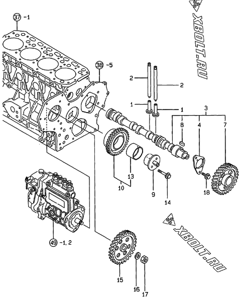  Распредвал и приводная шестерня двигателя Yanmar 4TNE84T-GB1S
