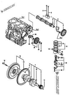  Двигатель Yanmar 3GPE68-HY, узел -  Распредвал, коленвал и поршень 