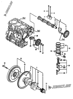  Двигатель Yanmar 3GPE68-H2PS/H2S, узел -  Распредвал, коленвал и поршень 