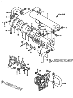  Двигатель Yanmar 3GPE74-HPS/HS, узел -  Выпускной коллектор и теплообменник 