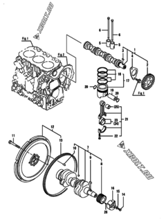  Двигатель Yanmar 3GPE74-H/HP, узел -  Распредвал, коленвал и поршень 