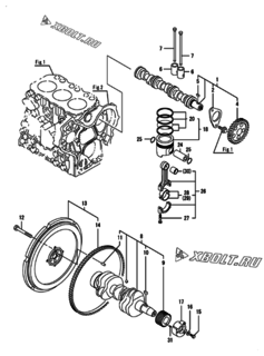  Двигатель Yanmar 3GPE74-H2Y, узел -  Распредвал, коленвал и поршень 
