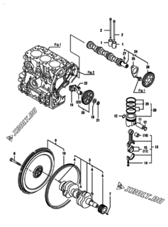  Двигатель Yanmar 3GPG68-HU/HY, узел -  Распредвал, коленвал и поршень 