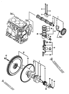  Двигатель Yanmar 3GPG74-HU/HUS, узел -  Распредвал, коленвал и поршень 