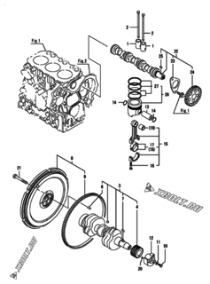  Двигатель Yanmar 3GPG74-HY, узел -  Распредвал, коленвал и поршень 