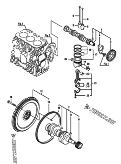  Двигатель Yanmar 3GPG74-H2U/H2US, узел -  Распредвал, коленвал и поршень 
