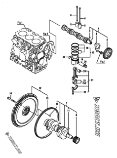  Двигатель Yanmar 3GPG74-H3U/H3US, узел -  Распредвал, коленвал и поршень 