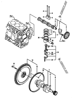  Двигатель Yanmar 3GPH74-HU, узел -  Распредвал, коленвал и поршень 