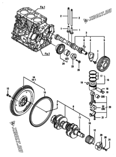  Двигатель Yanmar 3GPH88-HU, узел -  Распредвал, коленвал и поршень 