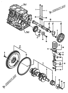  Двигатель Yanmar 3GPH88-HY, узел -  Распредвал, коленвал и поршень 