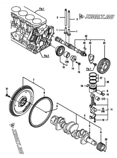  Двигатель Yanmar 4GPG88-HY, узел -  Распредвал, коленвал и поршень 