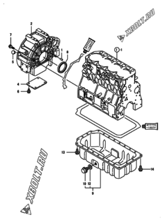  Двигатель Yanmar 4TNV106T-GGL, узел -  Маховик с кожухом и масляным картером 