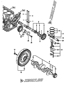  Двигатель Yanmar CP25WE-TM, узел -  Распредвал, коленвал и поршень 