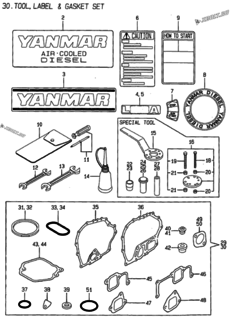  Двигатель Yanmar L40AE-DP3ST, узел -  Инструменты, шильды и комплект прокладок 