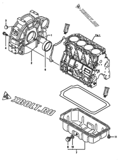  Двигатель Yanmar 4TNV98-GGEH, узел -  Маховик с кожухом и масляным картером 