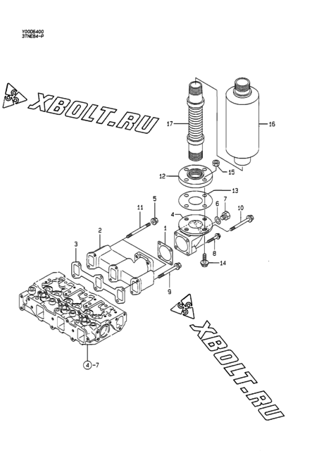  Выпускной коллектор и глушитель двигателя Yanmar 3TNE84-P