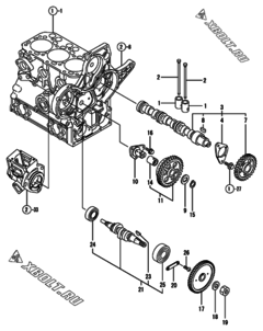  Двигатель Yanmar 3TNE74-ENYBC, узел -  Распредвал и приводная шестерня 