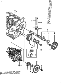  Двигатель Yanmar 3TNV88-BPYB, узел -  Распредвал и приводная шестерня 