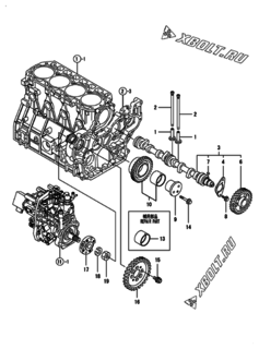  Двигатель Yanmar 4TNV98-ZWHB, узел -  Распредвал и приводная шестерня 