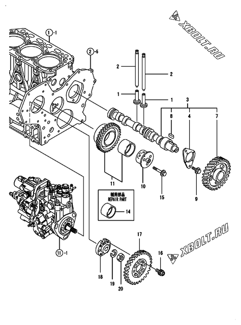  Распредвал и приводная шестерня двигателя Yanmar 3TNV88-BQIK