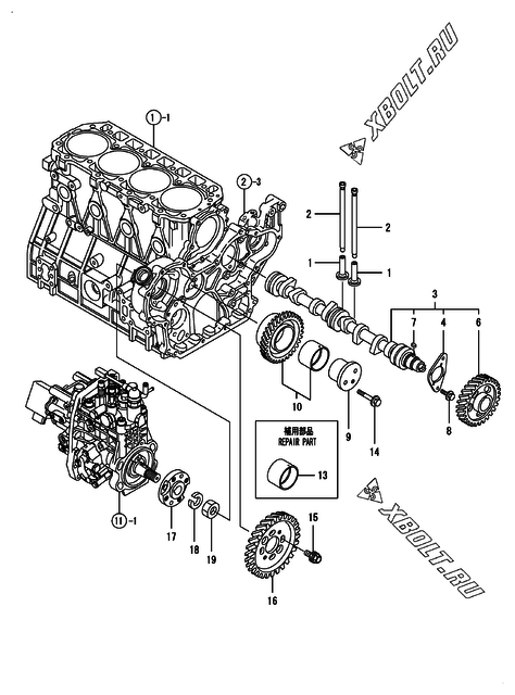  Распредвал и приводная шестерня двигателя Yanmar 4TNV98-EPIK
