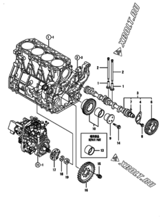  Двигатель Yanmar 4TNV98-EPIKA, узел -  Распредвал и приводная шестерня 
